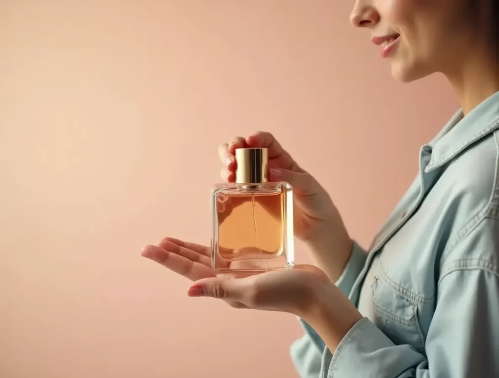 Woman applying perfume in elegant, feminine atmosphere