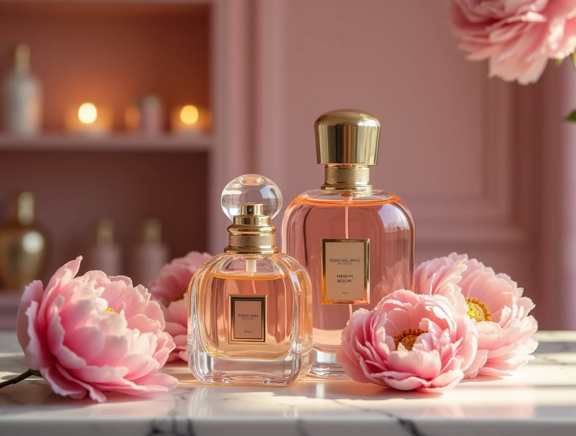 Luxurious feminine perfume display with pink flowers and elegant bottles
