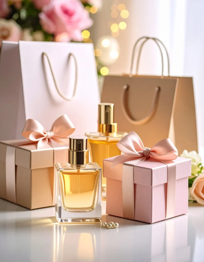 Luxury gift set display of best perfumes for women with elegant packaging ribbon and gift boxes for special occasions