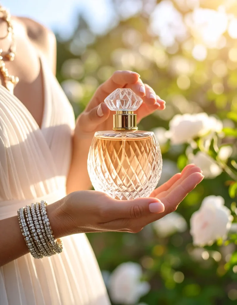 woman holding perfume bottle from perfume gift guide for her in soft natural lighting