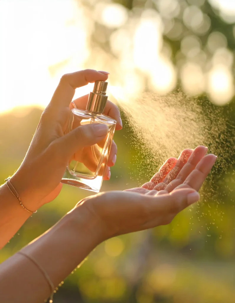 Woman applying best perfumes for women to wrist with elegant perfume spray mist in natural lighting