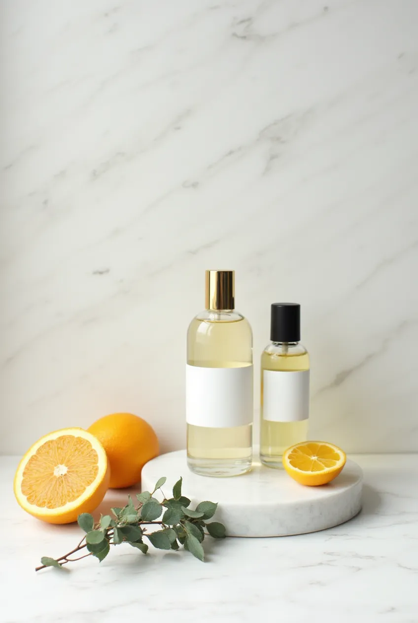 Modern perfumes with citrus and green notes on marble