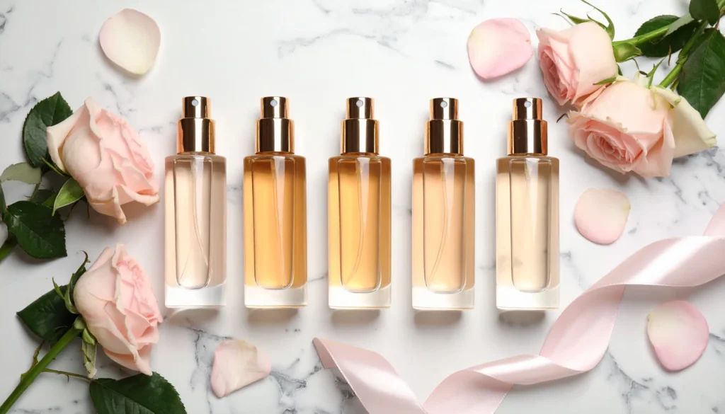 Collection of the best perfumes for women including Chanel No 5 and luxury fragrance bottles arranged on marble with rose petals