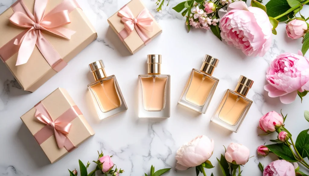 perfume gift guide for her featuring elegant fragrance bottles and gift wrapping on marble background