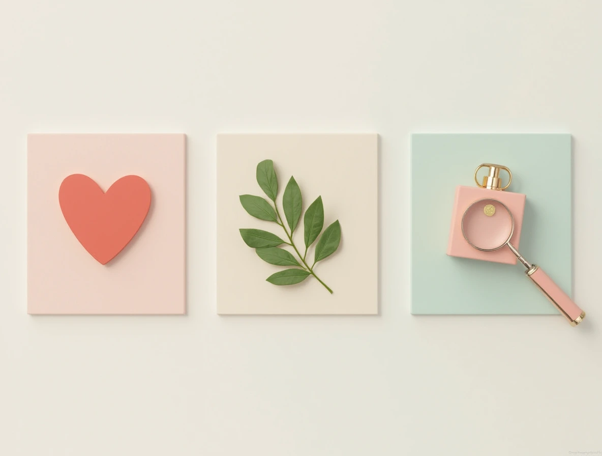 Values-themed mood board with icons for femininity, gifting, curation, and sustainability in soft colors