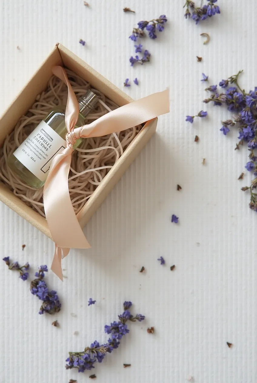 Gift-wrapped perfume with ribbon and note card