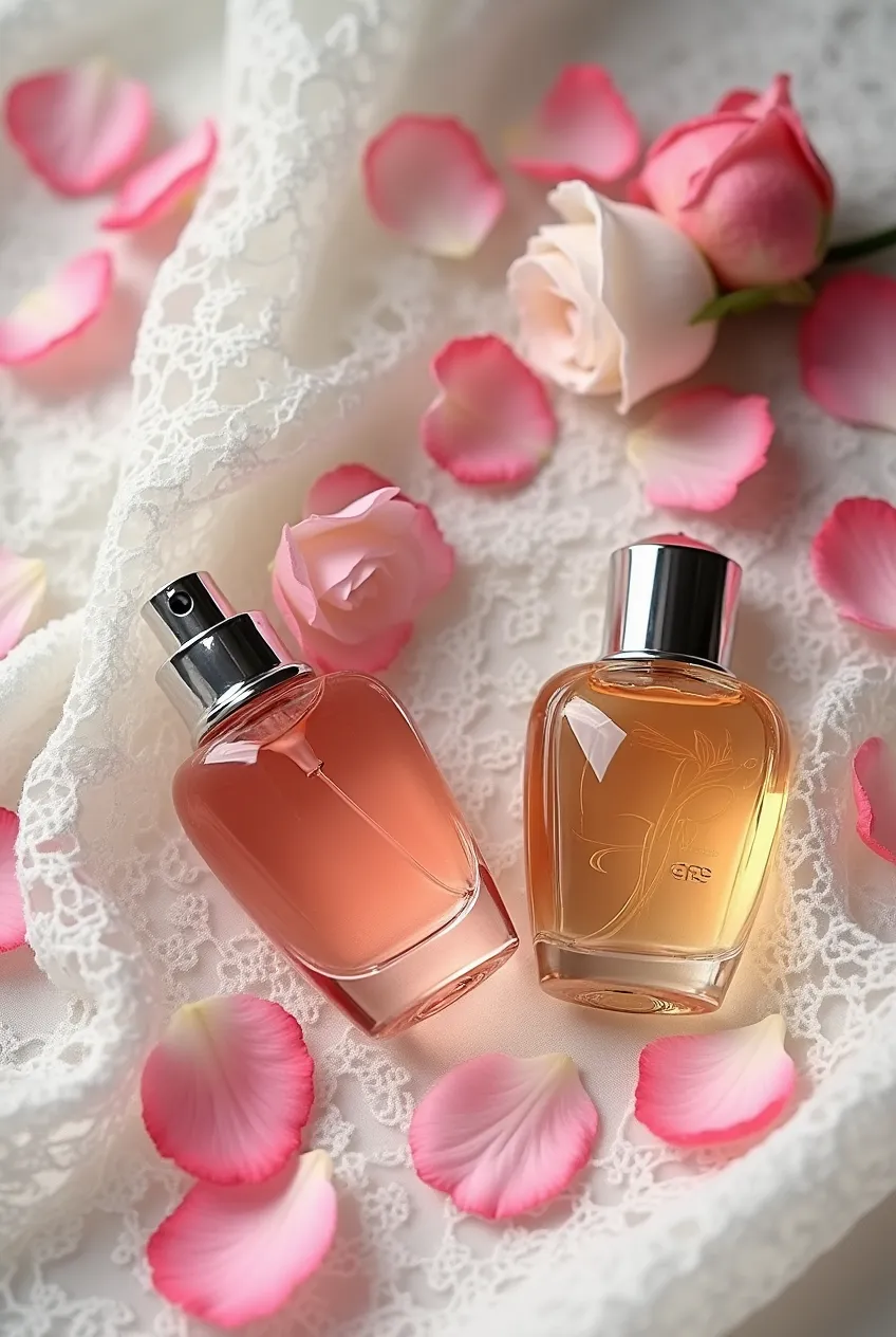 Floral perfumes arranged with lace and heart petals
