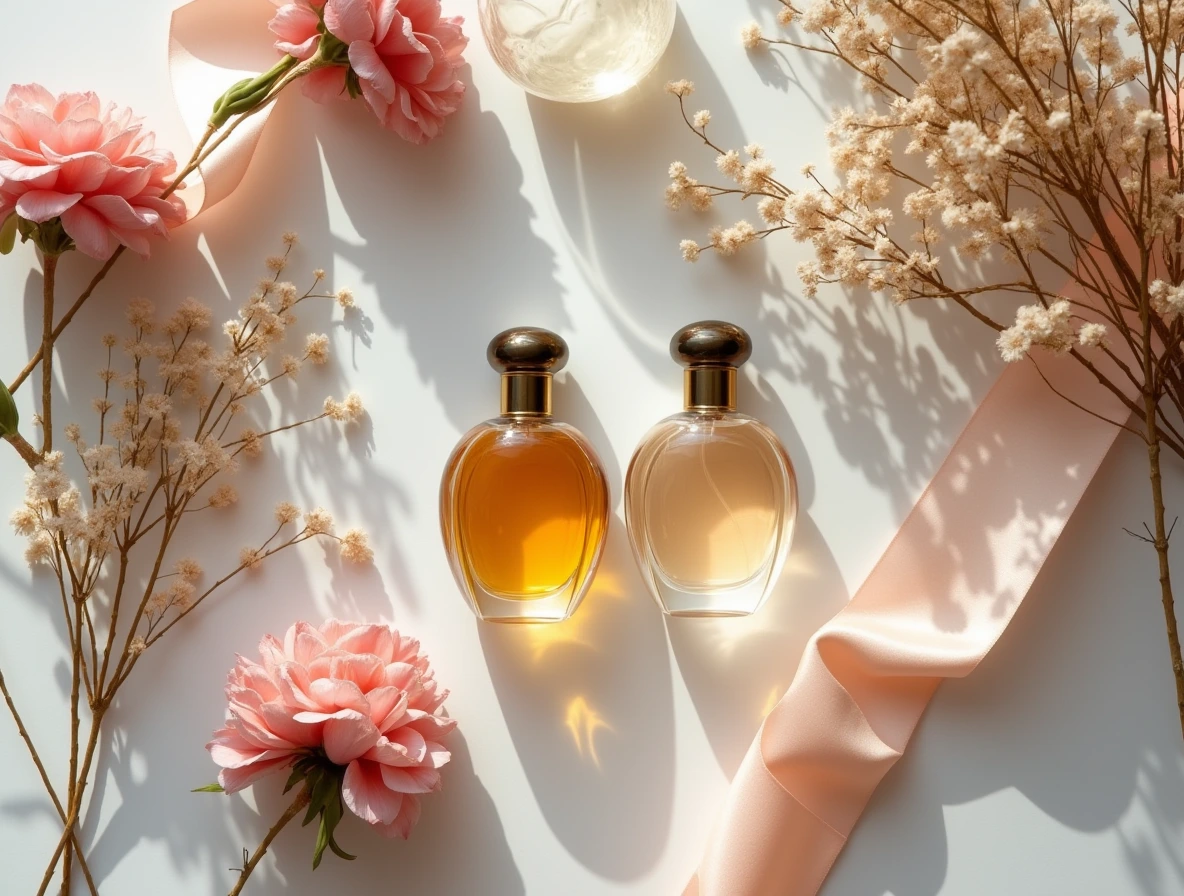 Organized perfume categories on cards with flowers and ribbons in a flat lay style