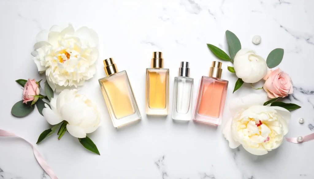 Collection of soft feminine perfumes arranged on marble vanity with flowers and natural lighting